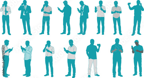 Mobile phone user silhouette set, teal and white, standing and interacting poses, modern lifestyle, communication icon, device gesture, tech posture