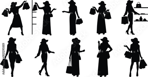Shopping woman silhouette set, fashion poses, black on white, handbag interaction, retail gesture, consumer behavior icon, stylish outfit