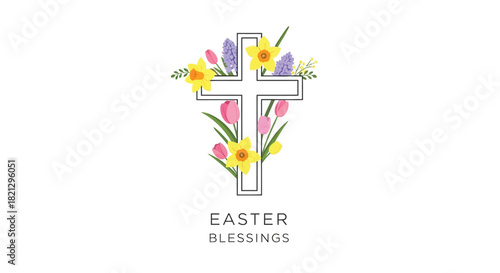 Elegant outline cross adorned with vibrant spring flowers and the words easter blessings below
