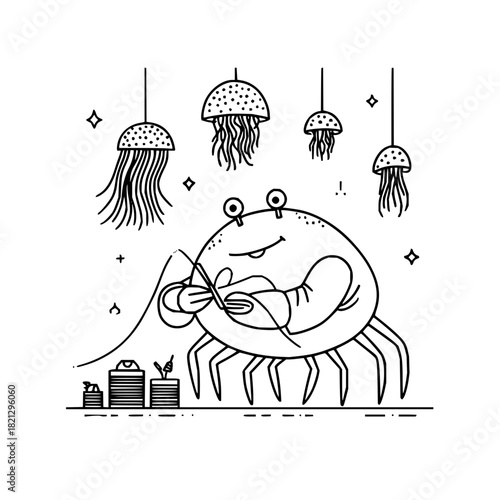 Cartoon crab sewing with hanging jellyfish and stacks of items in a black and white drawing style art