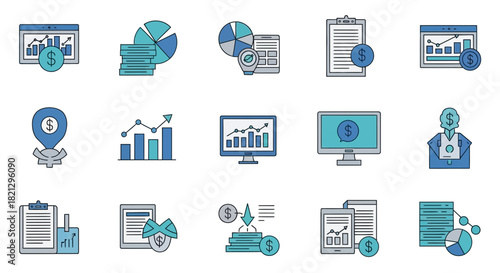 Collection of business and finance icons representing market analysis and growth trends