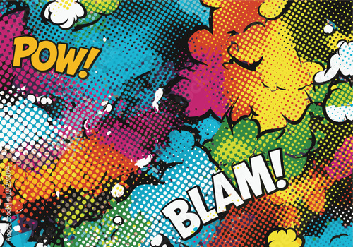 Vibrant Comic Book Style Background with Dynamic Sound Effects and Halftone Patterns