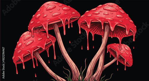 Vivid red mushroom illustration against a black backdrop. Perfect for fantasy or nature themes