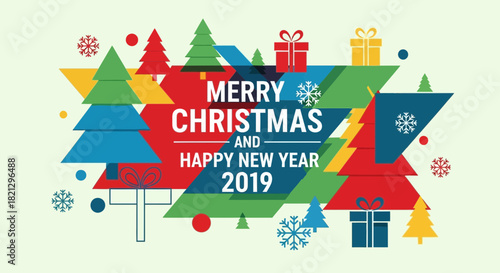 Merry Christmas and Happy New Year 2019 Celebration with Colorful Geometric Design