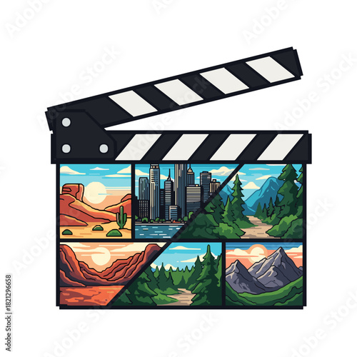 Clapperboard with colorful landscape collage representing Film Festival  
