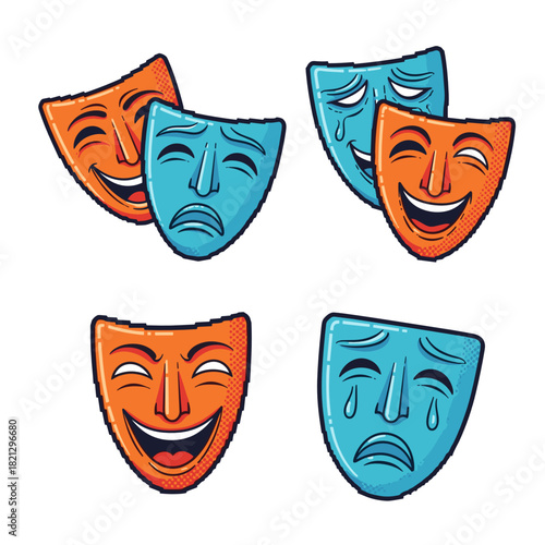 Colorful theater masks expressing emotions on a modern background  