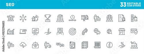 Minimalist SEO strategy and analytics icons in digital workspace for web mockup and UI design, icon category