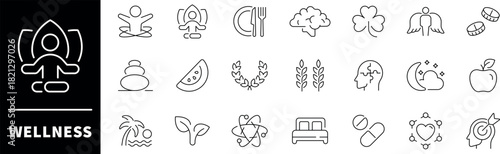 Wellness icon set. Wellness, mental health, spa, relaxation, health, exercise, diet, meditation, wellness related thin line icon collection. Editable stroke