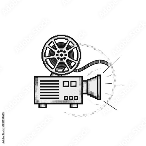 Retro movie projector with film reel on white background for Film Festival  