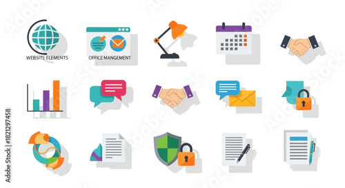 Diverse business icon set representing elements of online presence and management tools