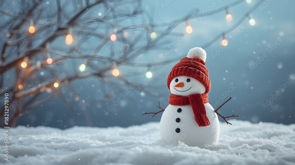 Fototapeta premium Charming snowman wearing a red hat and scarf in a snowy winter scene with lights