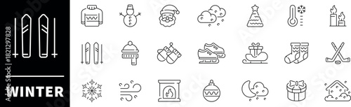 Winter cozy celebration cold weather vector outline icon set. Warm and festive elements