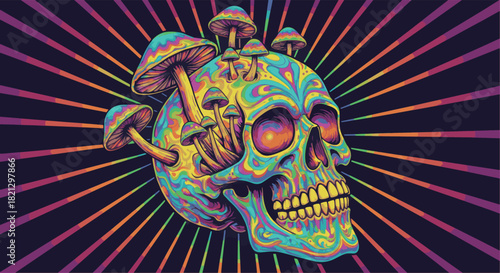 Vibrant vector illustration of a psychedelic human skull with magic mushrooms against a trippy, colorful radiating background