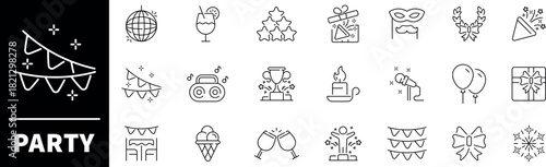Party celebration vector outline icon set. Festive event symbols