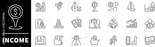 Income vector icons. Income icon set. Money, earnings, payment, accounting, paycheck, profit, business related icons. Editable stroke, thin line icons set