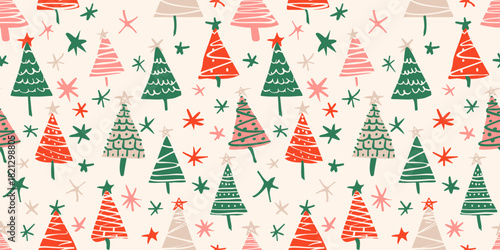 Vector seamless pattern with cute Christmas trees. Funky doodle style childish ornament with festive decorated trees, colorful stars, snowflakes. Simple repeated design for decor, gift paper, package