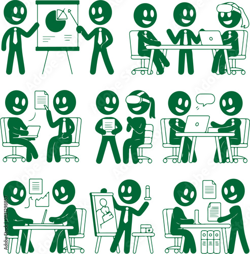 Green Stick Figure Business People Working in Office Environment Illustration
