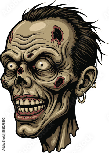 Creepy illustration of a zombie face with decaying skin and empty eye sockets, grinning widely with sharp teeth, a classic horror character