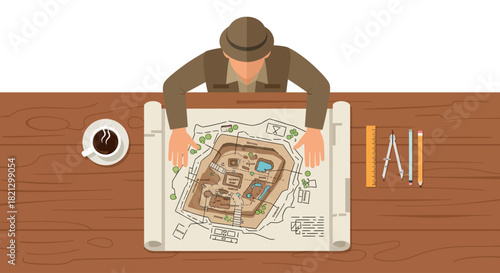 Architect Reviewing Architectural Blueprint Plan on Wooden Table