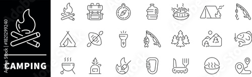 Camping vector icons. Camping icon set. Holiday, vacation, hiking, fishing, travel, camping related icons. Thin line editable stroke
