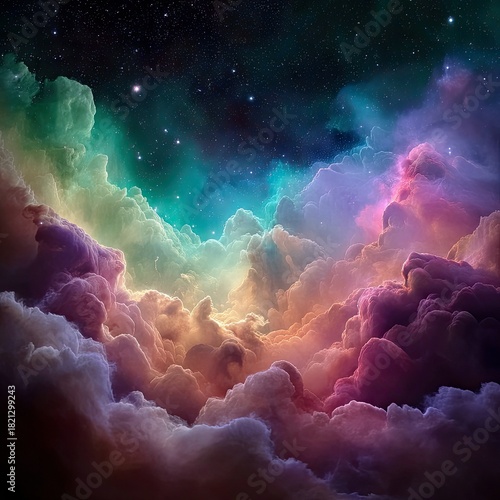 A breathtaking view of colorful nebula clouds swirling in the vastness of space, illuminated by distant stars.