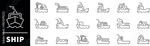 Ship vector icons. Ship icon set. Cruise ship, boat, cruise liner, ship related icons. Editable stroke, thin line icons set