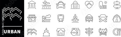 Urban infrastructure vector outline icon set. Urban development symbols