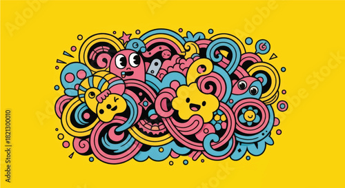 Whimsical Doodle Art with Pastel Swirls and Happy Faces on Yellow