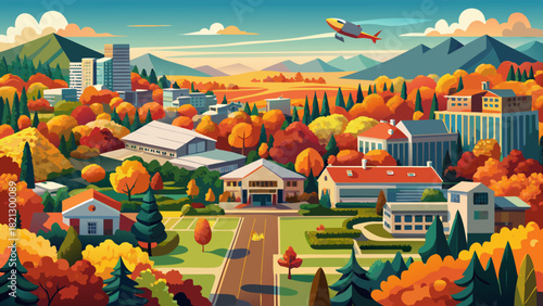 Very beautiful aerial drone view of Happy Valley, Oregon, in autumn, featuring vibrant fall foliage with golden and red leaves, residential neighborhoods, tree-lined streets, rolling hills, and scenic