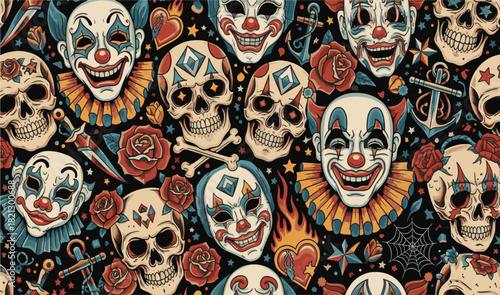 Seamless Pattern of Skulls, Clown Faces, and Tattoo Symbols Vintage Aesthetic Design