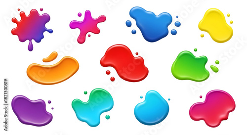 Vibrant colorful liquid paint splashes set design isolated on transparent background
