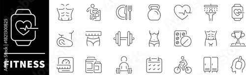 Fitness  vector icons. Fitness  thin line icons collection.  Fitness, physical activity, nutrition, sports related icons