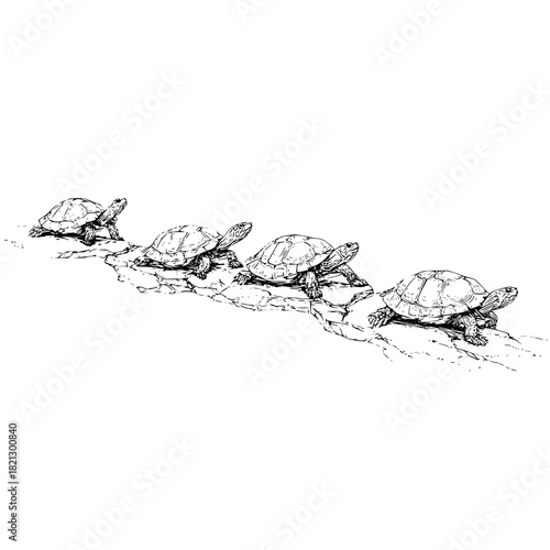 Four turtles in a row crawling on cracked ground in a black and white ink drawing illustration style
