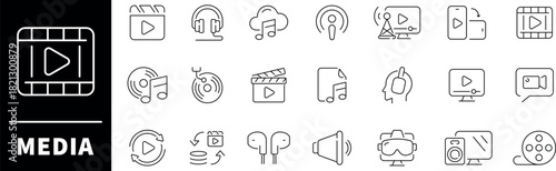 Media vector icons. Media thin line icons collection. Audio, video, movie, voice, radio, music, sound related icons