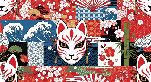 Japanese Fox Mask Pattern Seamless Texture with Traditional Elements and Wave Motifs