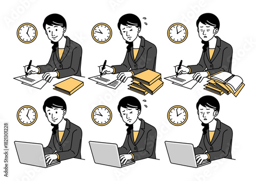 Woman working at desk, showing emotion changes with increasing workload and time passing.