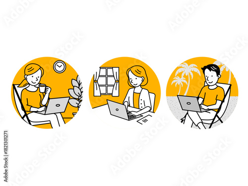 Three individuals working remotely on laptops in different settings, enjoying their work.