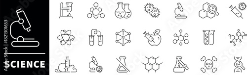 Science vector icons. Science thin line icons collection.  Scientific, education, school, knowledge, biology, laboratory, experiment, scientist, research, physics, chemistry, Science related icons