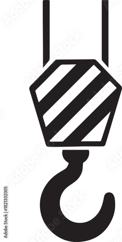 Crane hook silhouette hanging from vertical cable lines for construction and lifting themes.