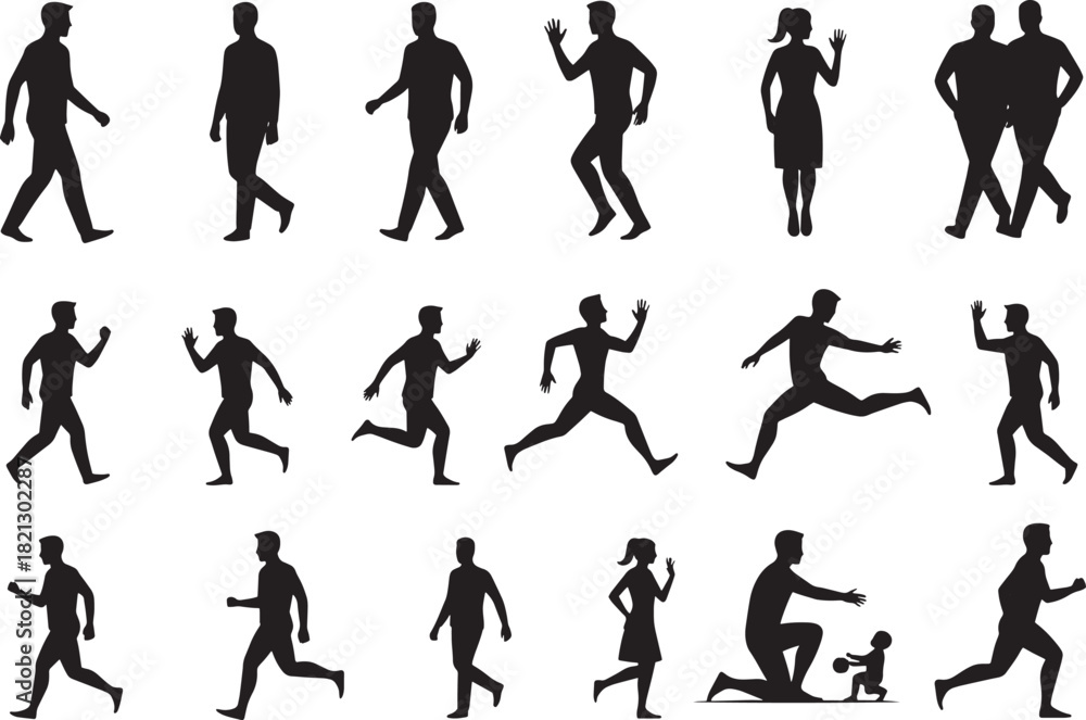Naklejka premium Dynamic collection of black vector silhouettes illustrating various human actions including walking, running, standing, and interacting, ideal for graphic design and motion graphics projects