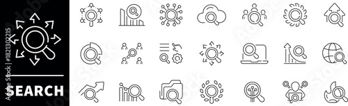 Search vector icons. Search thin line icon collection. SEO, digital marketing, data analysis, management, investigate, find, search related icons