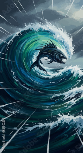 Dynamic Fish Leaping Through a Powerful Ocean Wave.