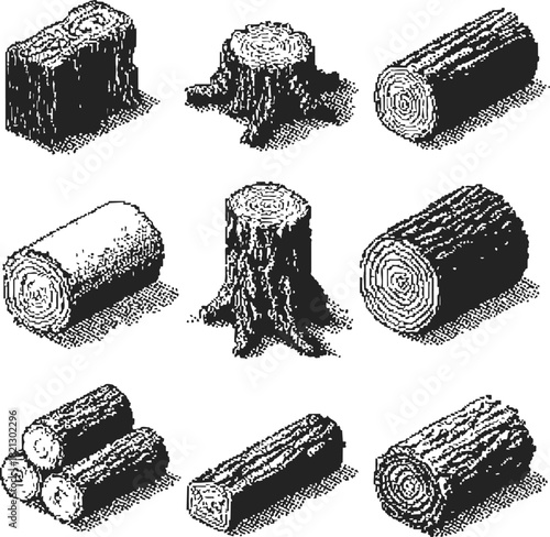Wood logs hand drawn sketch collection, various timber cuts and tree stumps. Vector illustration