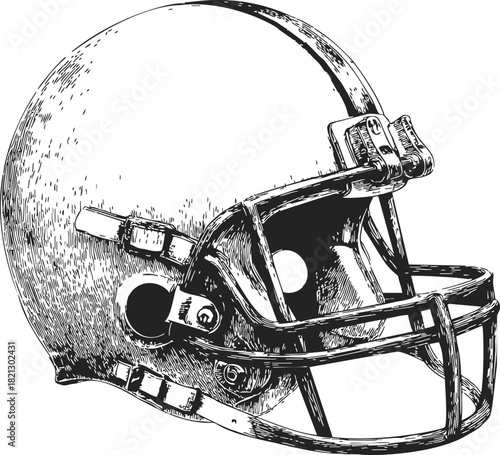 Football helmet sketch hand drawn detailed side view with face mask. Vector illustration
