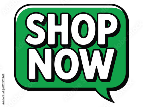 Green speech bubble with the words SHOP NOW in white text