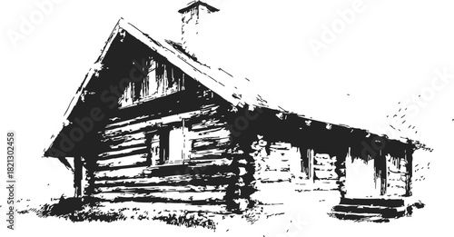 Log cabin sketch hand drawn rustic wooden house with pitched roof. Vector illustration