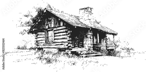 Log cabin sketch, hand drawn rustic wooden house with stone chimney in countryside. Vector illustration