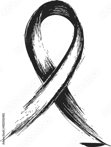Black ribbon sketch, hand drawn awareness symbol for mourning and melanoma. Vector illustration