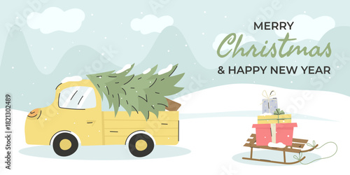 Christmas and New Year greeting card with vintage truck with tree, gifts, and sled in snowy winter landscape. Festive holiday vector illustration