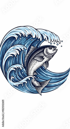 Dynamic Fish Leaping from a Cresting Wave Tattoo Design.